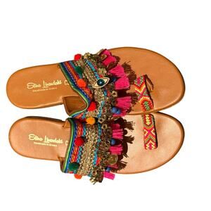 Elina Linardaki Leather Embellished Toe Ring Slide Sandals Multicolor 41